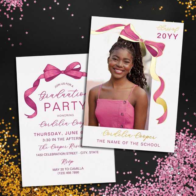 Fuchsia Pink Gold Bow Foto Foil Abschluss Folieneinladung (Von Creator hochgeladen)