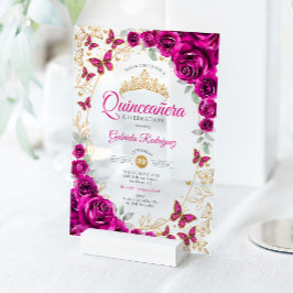 Fuchsia Pink Gold Floral Quinceanera Acryleinladungen
