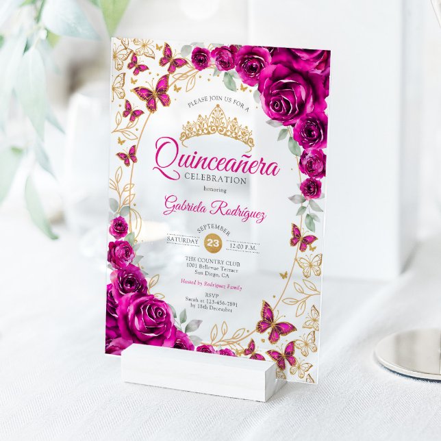 Fuchsia Pink Gold Floral Quinceanera Acryleinladungen (Von Creator hochgeladen)