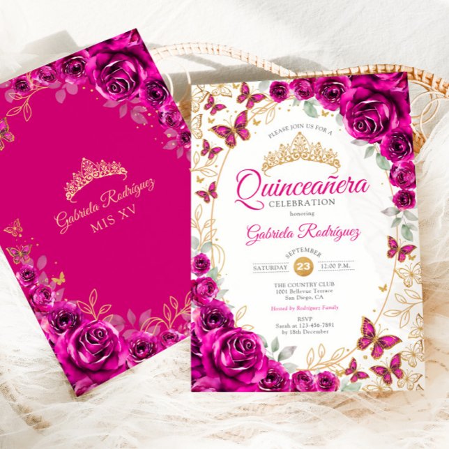 Fuchsia Pink Gold Floral Quinceanera Einladung (Von Creator hochgeladen)