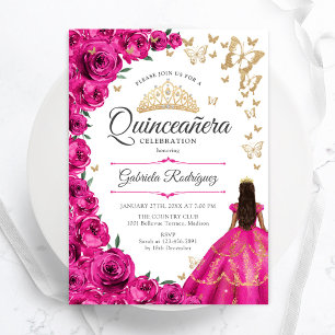 Fuchsia Pink Gold Floral Quinceanera Einladung