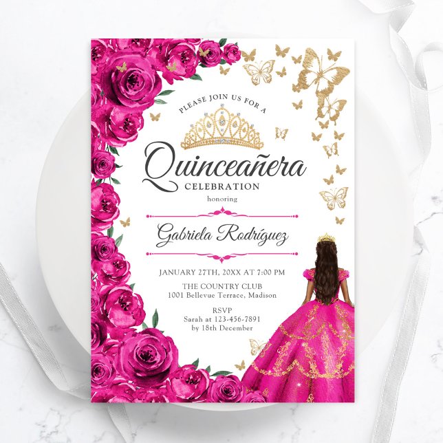 Fuchsia Pink Gold Floral Quinceanera Einladung (Von Creator hochgeladen)