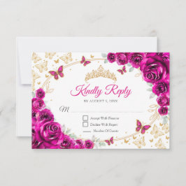 Fuchsia Pink Gold Floral Quinceanera Reply RSVP Karte