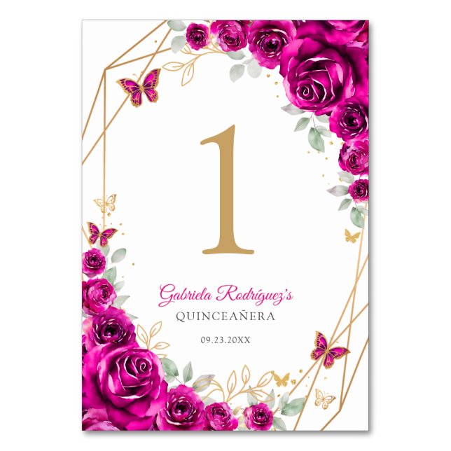 Fuchsia Pink Gold Floral Quinceanera Tischnummer (Vorderseite)