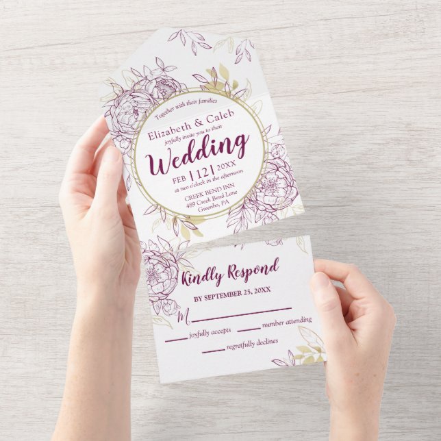 Fuchsia Pink & Gold Peony Toile All In One Einladung (Abreißen)