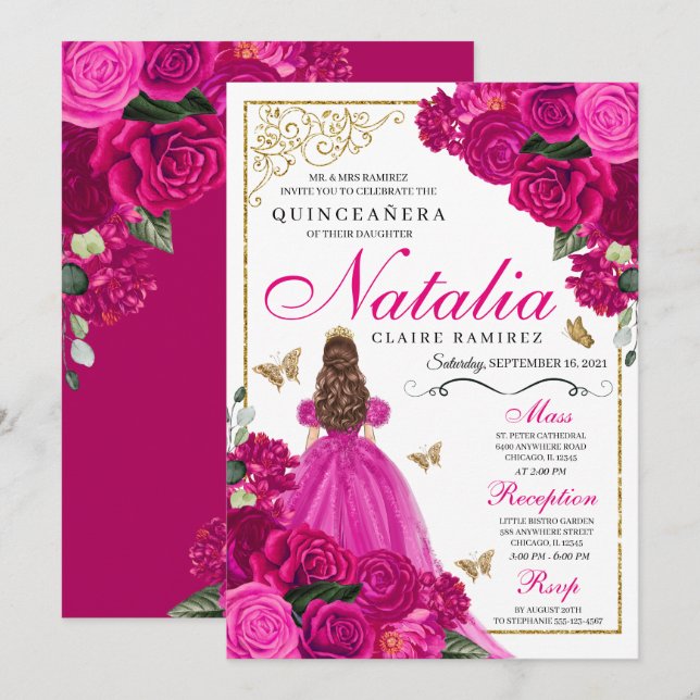 Fuchsia Pink Gold Prinzessin Butterfells Quinceañe Einladung (Vorne/Hinten)