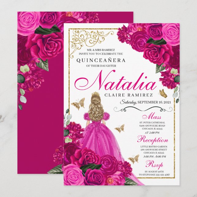 Fuchsia Pink Gold Prinzessin Butterfells Quinceañe Einladung (Vorne/Hinten)