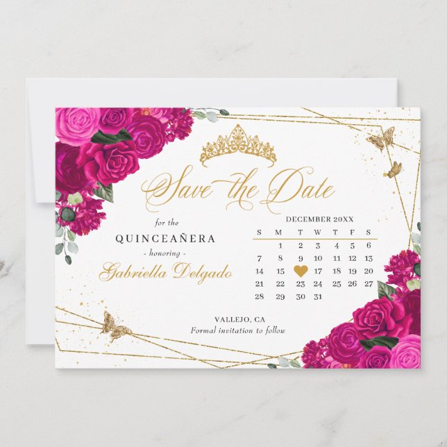 Fuchsia Pink & Gold Quinceñera Save the Date Einladung (Vorderseite)