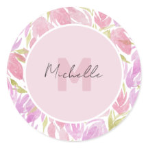 Fuchsia Pink Green Watercolor Blume Monogram