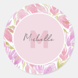 Fuchsia Pink Green Watercolor Blume Monogram Runder Aufkleber