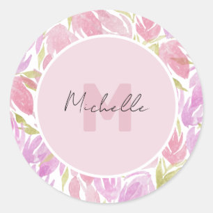 Fuchsia Pink Green Watercolor Blume Monogram Runder Aufkleber