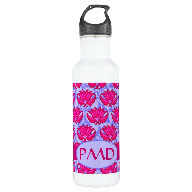 Fuchsia Pink Lila Art Nouveau Damask Monogramm Trinkflasche (Vorderseite)