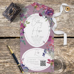 Fuchsia Pink & Lila Boho Floral QR Code All In One Einladung<br><div class="desc">MIT ODER OHNE QR-CODE IM UAWG BEREICH ERHÄLTLICH. Dieses Design mit Aquarellfuchsien, blauen, lila, rosa und weißen Blume auf einem Vintag aussehenden fuchsienartigen Hintergrund. Der Text erscheint in weißen ovalen Rahmen. Personalisierte All-In-One-Einladungen sind eine einzigartige Kombination aus einer schön gedruckten, maßgeschneiderten Einladung und einer leicht zu abreißenden perforierten UAWG-Postkarte. Und...</div>
