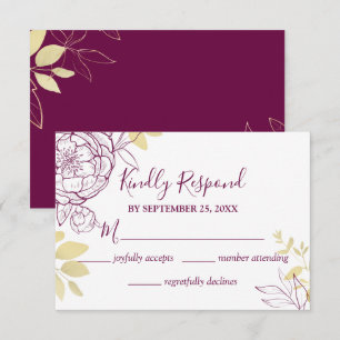 Fuchsia Pink Lila & Gold Peony Floral Wedding RSVP Karte