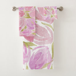 Fuchsia Pink Lila Watercolor Blume Muster Badhandtuch Set