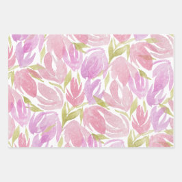 Fuchsia Pink Lila Watercolor Blume Muster Geschenkpapier Set