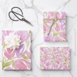 Fuchsia Pink Lila Watercolor Blume Muster Geschenkpapier Set