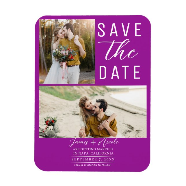Fuchsia Pink Moderne 2 Fotos Save the Date Hochzei Magnet (Vertikal)