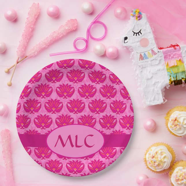 Fuchsia Pink Moderne Jugendstildamaske Monogramm Pappteller (Party)