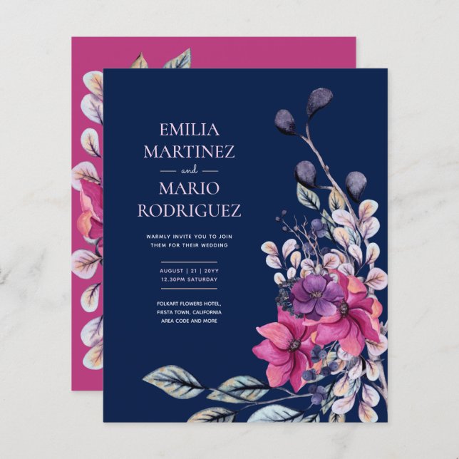 Fuchsia Pink Navy Blue Floral Wedding Budget (Vorne/Hinten)