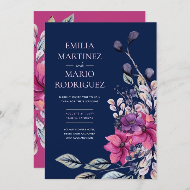 Fuchsia Pink Navy Blue Floral Wedding Budget Einladung (Vorne/Hinten)