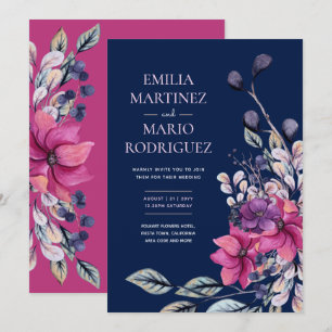 Fuchsia Pink Navy Blue Floral Wedding Budget Einladung