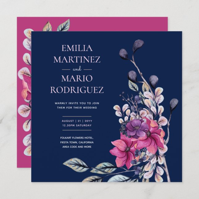 Fuchsia Pink Navy Blue Floral Wedding Budget Einladung (Vorne/Hinten)
