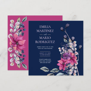 Fuchsia Pink Navy Blue Floral Wedding Budget Einladung