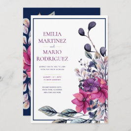 Fuchsia Pink Navy Blue Floral Wedding Einladung