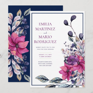 Fuchsia Pink Navy Blue Floral Wedding Einladung
