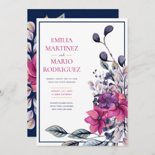 Fuchsia Pink Navy Blue Floral Wedding Einladung
