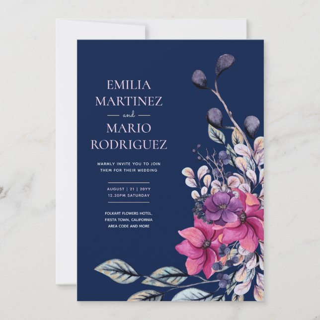 Fuchsia Pink Navy Blue Floral Wedding Einladung (Vorderseite)