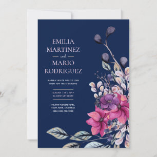 Fuchsia Pink Navy Blue Floral Wedding Einladung