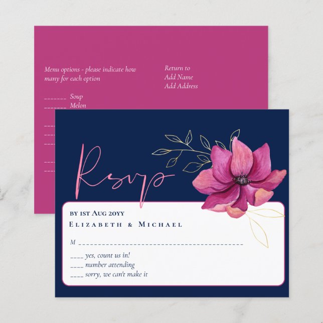 Fuchsia Pink Navy Blue Wedding RSVP (Vorne/Hinten)