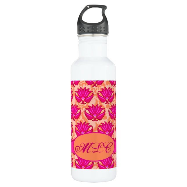 Fuchsia Pink Orange Art Nouveau Damask Monogramm Trinkflasche (Vorderseite)