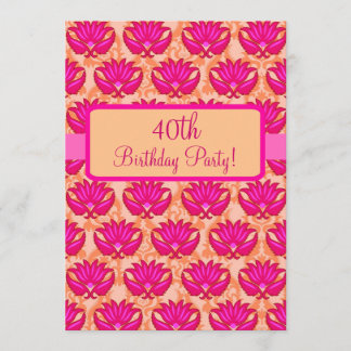 Fuchsia Pink Orange Damask 40. Geburtstags-Party Einladung