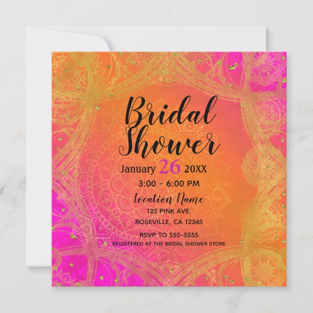 Fuchsia Pink Orange Gold Indian Mandala Bridal Einladung (Vorderseite)