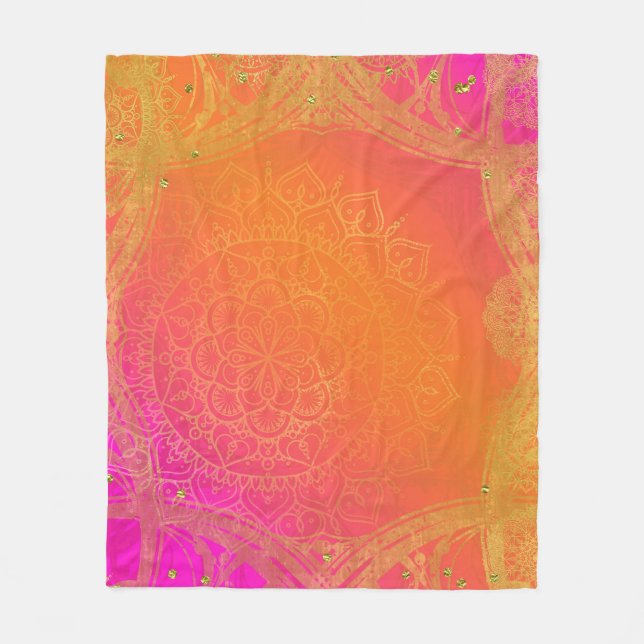 Fuchsia Pink Orange & Gold Indian Mandala Glam Fleecedecke (Vorderseite)