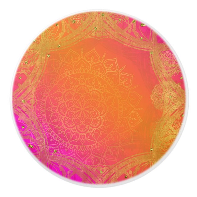 Fuchsia Pink Orange & Gold Indian Mandala Glam Keramikknauf (Vorderseite)
