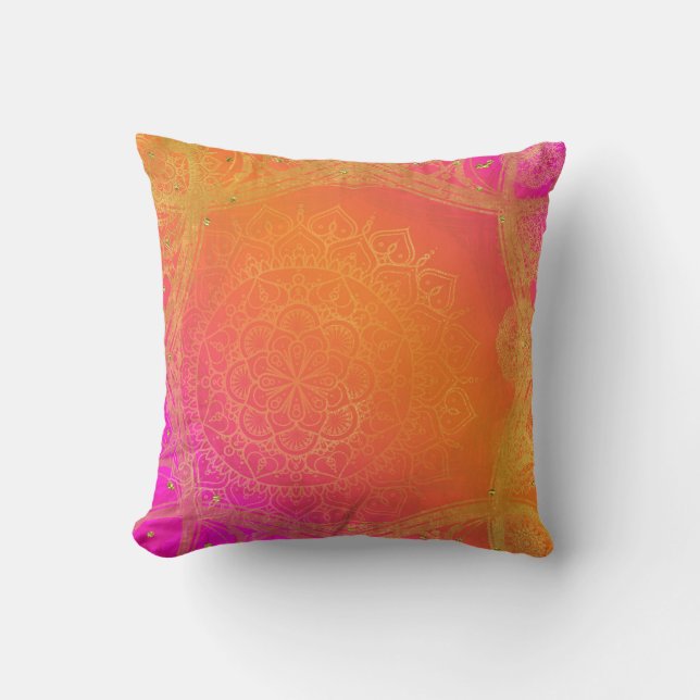 Fuchsia Pink Orange & Gold Indian Mandala Glam Kissen (Vorderseite)
