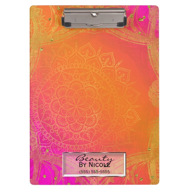 Fuchsia Pink Orange & Gold Indian Mandala Glam Klemmbrett (Vorderseite)