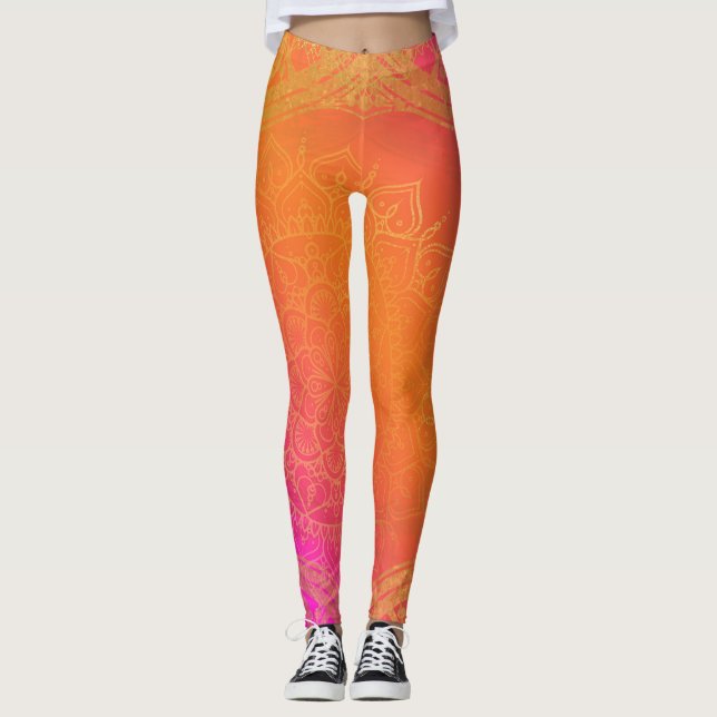 Fuchsia Pink Orange & Gold Indian Mandala Glam Leggings (Vorderseite)