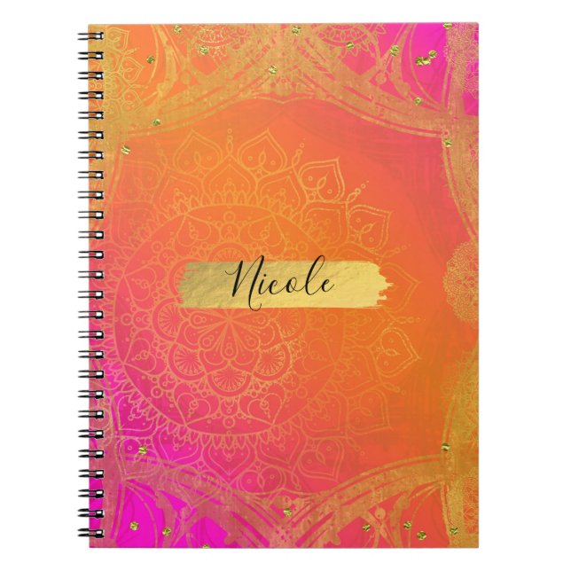 Fuchsia Pink Orange & Gold Indian Mandala Glam Notizblock (Vorderseite)