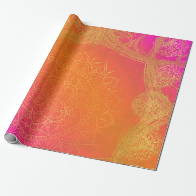 Fuchsia Pink Orange & Gold Indian Mandala Party Geschenkpapier (Ungerollt)