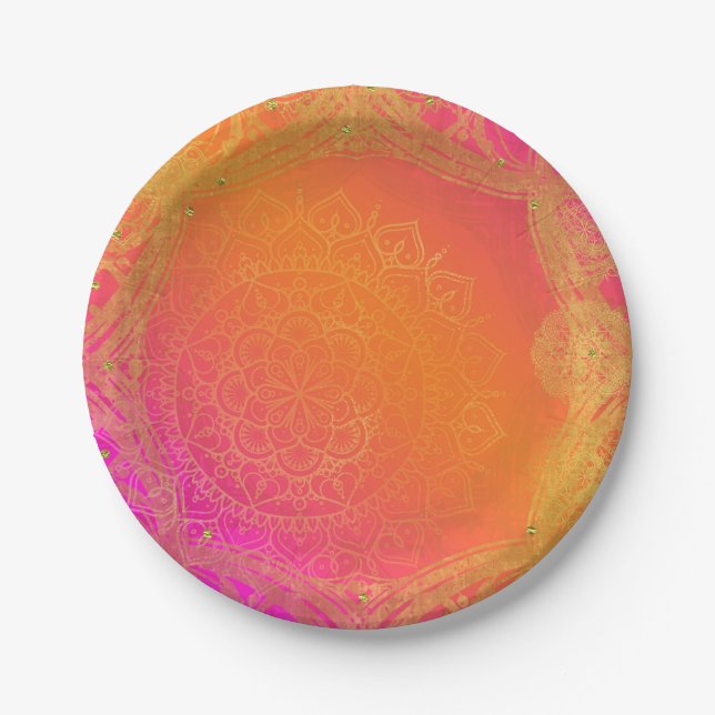 Fuchsia Pink Orange & Gold Indian Mandala Party Pappteller (Vorderseite)