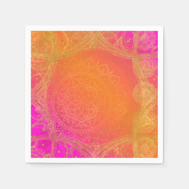 Fuchsia Pink Orange & Gold Indian Mandala Party Serviette (Vorderseite)