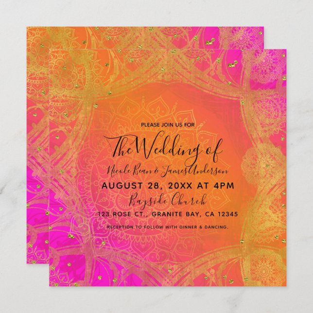Fuchsia Pink Orange Gold Indian Mandala Wedding Einladung (Vorne/Hinten)