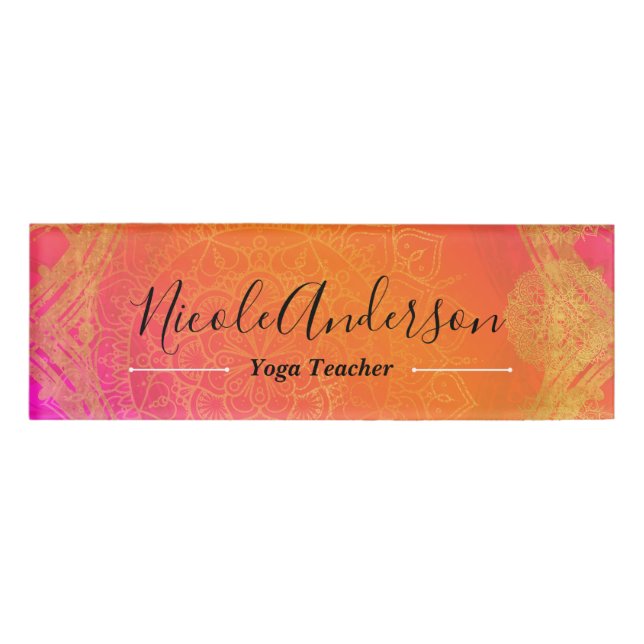 Fuchsia Pink Orange Gold Indian Mandala Wedding Namenschild (Vorderseite)
