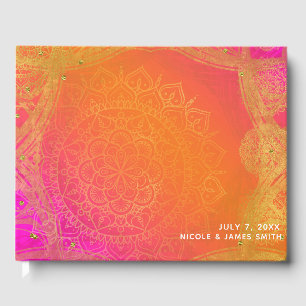 Fuchsia Pink Orange Gold Indischer Mandala Hochzei Gästebuch