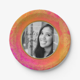 Fuchsia Pink Orange Gold Mandala Foto Party Pappteller